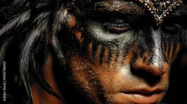 Fototapeta Close-up of a person with elaborate face paint and feathers.