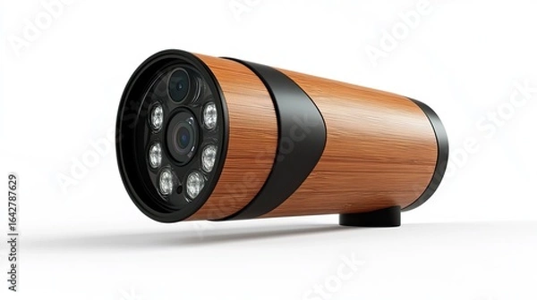 Fototapeta Modern surveillance camera with wooden texture for security and protection indoor