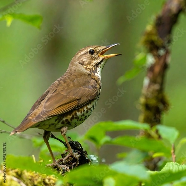 Fototapeta A small brown songbird with speckled breast, open beak, perched on a mossy branch amidst green foliage