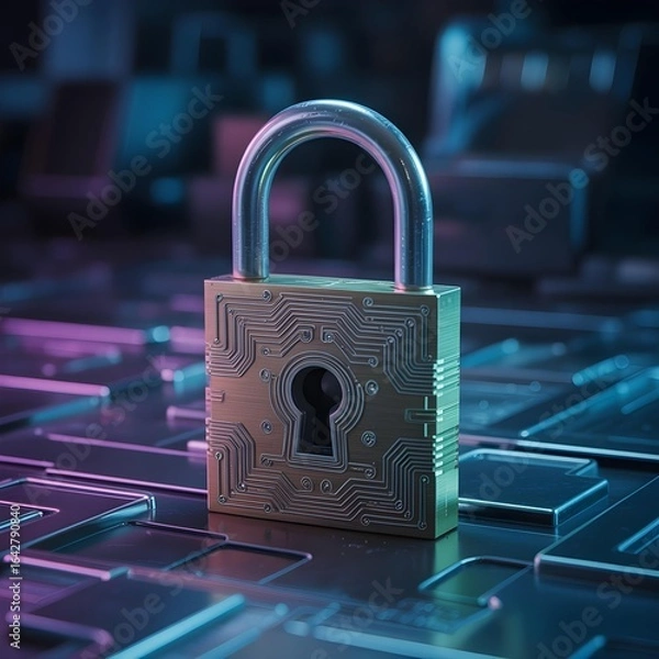 Fototapeta Futuristic Cyber Security Lock with Circuit Board Design