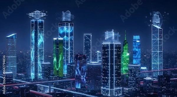 Fototapeta A futuristic city skyline at night, where towering skyscrapers glow with vibrant blue and green digital energy and holographic displays.