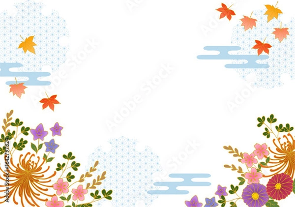 Obraz 和風 秋草と紅葉ベクターフレーム背景 透過 水色 Japanese style autumn grass and autumn leaves vector frame background transparent sky blue