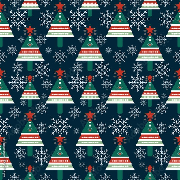 Fototapeta Christmas tree and snowflakes seamless pattern. Vector design on navy blue background. Gift wrapping paper. Modern style.print 300 dpi  illustration.