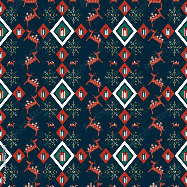 Fototapeta Christmas seamless pattern. Vector illustration on navy blue background. Gift wrapping paper. Modern style. 300 dpi print.