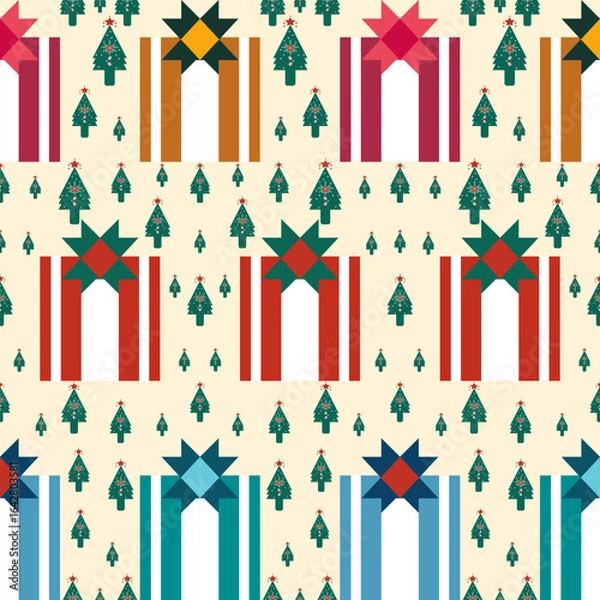 Fototapeta Gift boxes and Christmas tree. Seamless vector pattern on earth tone background. Modern style.illustration print design 300 dpi