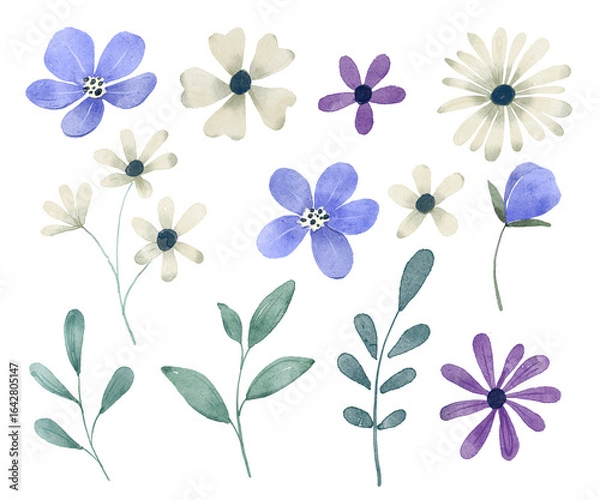 Fototapeta Flowers and leaves digital illustration, spring design, watercolor hand painting. Perfectly for printing, sublimation.