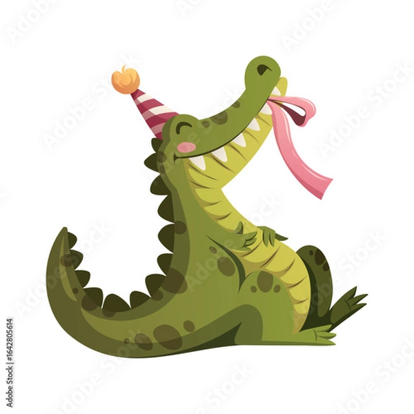 Fototapeta Vector Illustration of cute crocodile character with party hat	