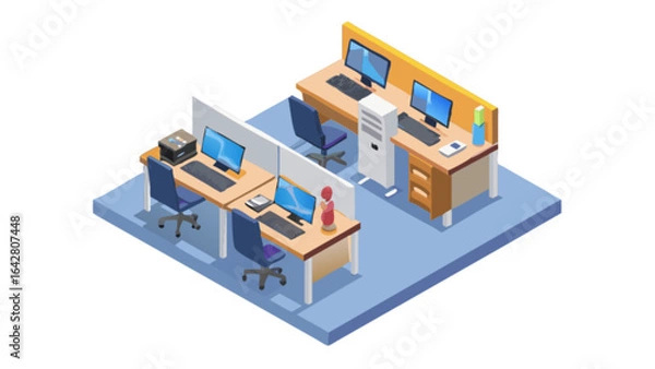 Obraz Isometric office space design with desks computers and chairs for business and corporate environments design