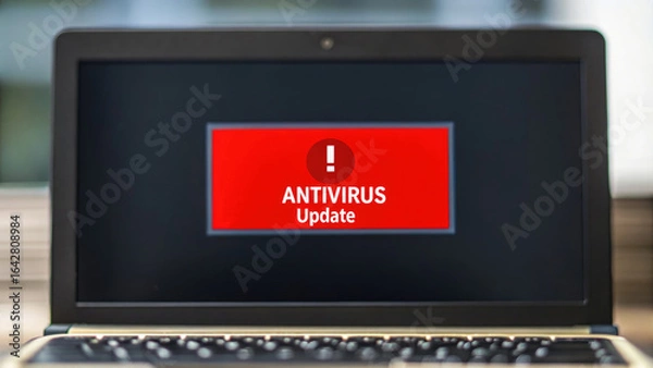 Fototapeta Urgent Antivirus Update Action Home Office Digital Alert Cybersecurity Environment Close-Up Viewpoint Addressing Security Risks
