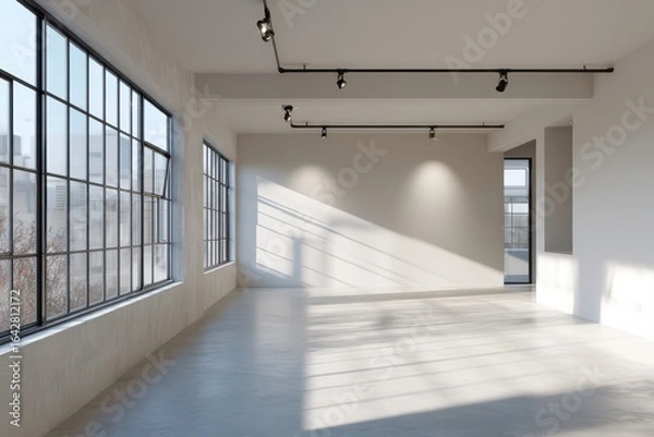 Fototapeta Bright, empty loft space with large windows