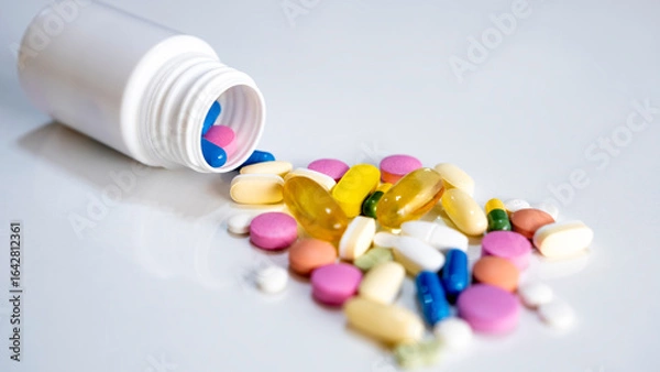 Fototapeta Close-up and top shot Pills, tablets, capsules, vitamins and omega3 on the white table with drug box