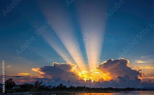Fototapeta Dramatic sunset rays piercing through clouds over a tranquil body of water