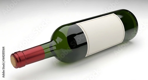 Fototapeta A single dark green glass bottle of wine with a blank white label lies on its side casting a soft shadow