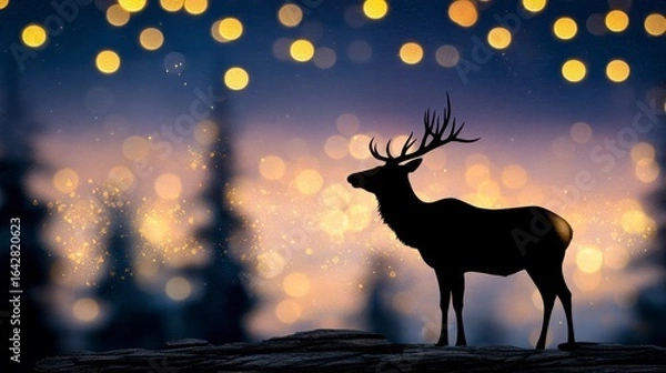 Obraz Majestic Deer Silhouette in Winter Forest with Golden Bokeh Lights