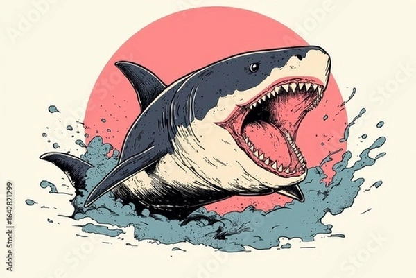Obraz Pixel Art Great White Shark Leaping from Ocean with Pink Sun Background