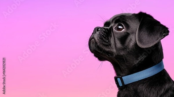 Obraz Pixelated Black Pug Dog Profile Against Pink and Purple Gradient