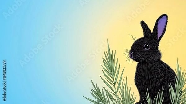 Obraz Serene Black Rabbit in Green Foliage Against Soft Blue and Yellow Gradient