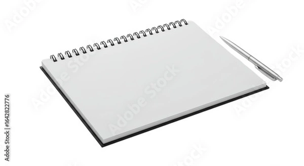 Fototapeta Pristine horizontal desk notepad, empty white pages, black spiral, sleek silver pen on transparent with soft studio lighting, flat lay product photography. Concept of strategic planning