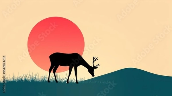 Obraz Silhouette Deer Grazing at Sunset Minimalist Pixel Art Landscape
