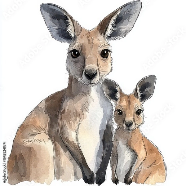 Obraz Watercolor Painting of Mother Kangaroo and Joey