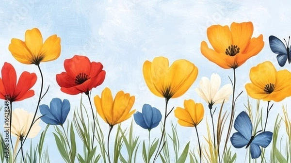 Obraz Vibrant Wildflower Meadow with Blue Butterflies under a Sunny Sky