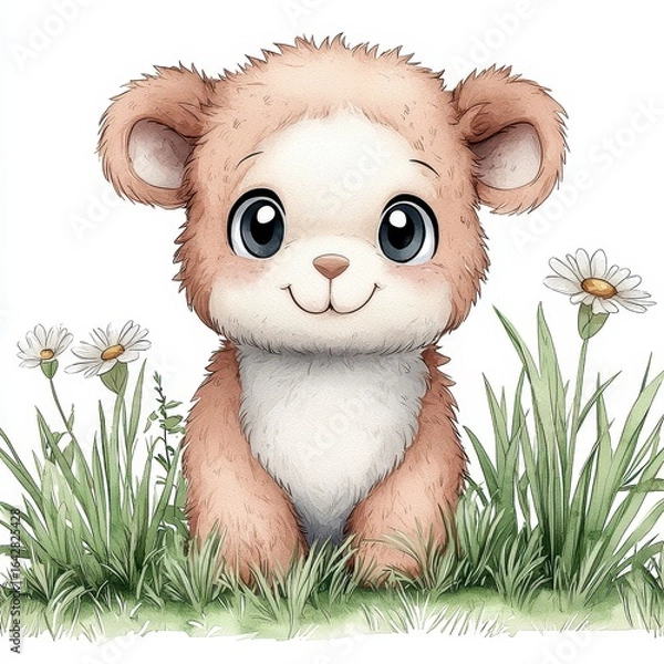 Obraz Adorable Brown Bear Cub in Green Grass with Daisies