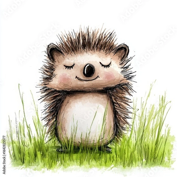 Obraz Adorable Smiling Hedgehog in Green Grass Illustration