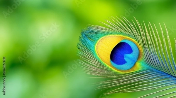 Obraz Iridescent Peacock Feather Close up Against Green Background