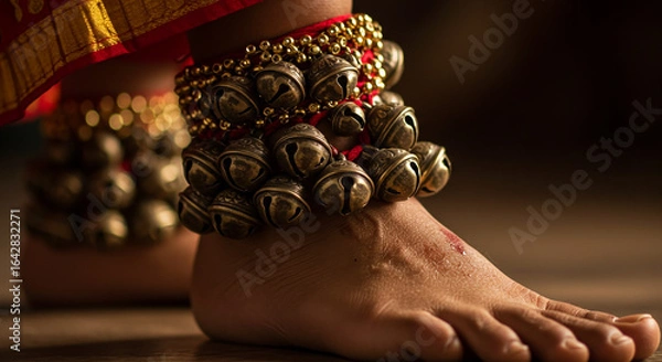 Obraz Close-up of close-up of traditional ghungroo bells tied around dancer’s ankle, showcasing traditional Indian dance attire.