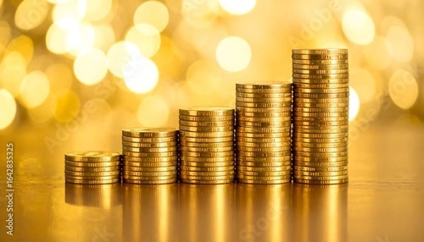 Fototapeta Ascending stacks of gold coins against a bokeh background (1)