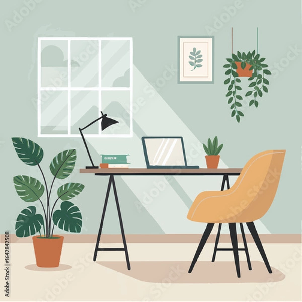Fototapeta Modern workspace with calming plants and natural light creates a productive and serene atmosphere at home