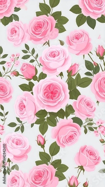 Fototapeta Seamless pattern of light pink roses and green leaves on a light gray background