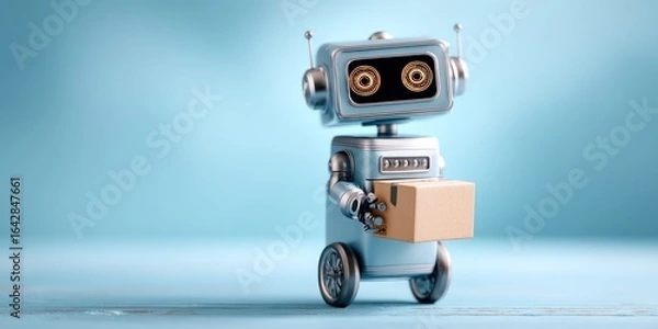 Obraz Charming retro robot delivering package, ideal for logistics and e-commerce concepts