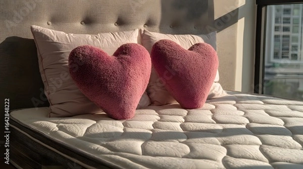 Fototapeta Two heart-shaped, pink plush pillows rest on a white mattress.