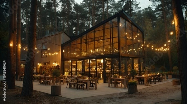 Fototapeta Outdoor dining area at a modern glass-fronted structure in a wooded setting.