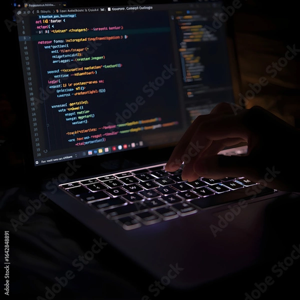 Fototapeta Generative AI in action. A hand types on a glowing laptop keyboard, and the screen displays a code that autonomously generates new content, ideas, or business strategies. Focus on the seamless fusion 