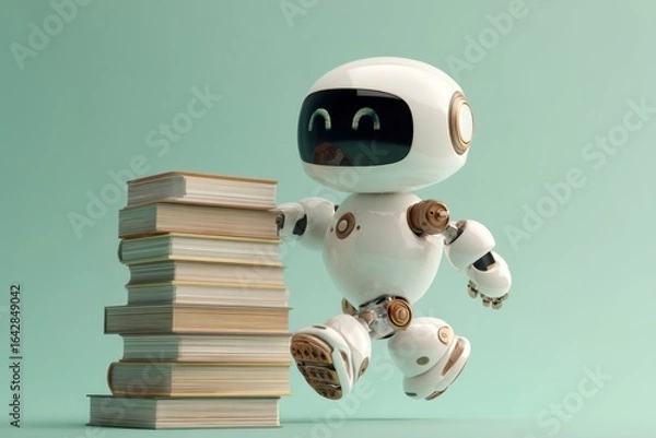 Obraz Smiling robot carrying stack of books, representing knowledge and learning concept