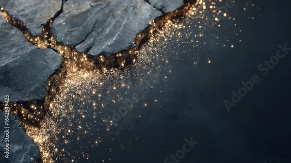 Fototapeta Fractured rock surface with golden glitter.