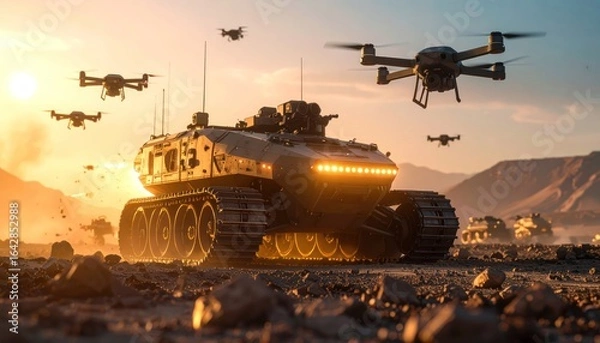 Obraz Military Tank and Drones in Desert at Sunset with War Concept.