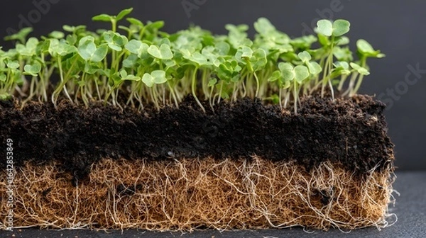 Fototapeta Close-up view of young plants growing in soil with visible roots.