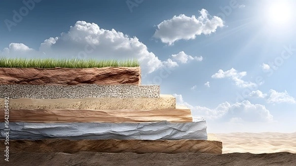 Fototapeta Cross-section of earth layers against a clear sky.