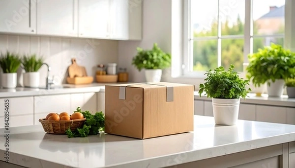 Fototapeta Cardboard box sits on a kitchen counter amongst fresh herbs and eggs