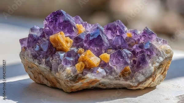 Fototapeta Cluster of amethyst and citrine crystals on a rock.