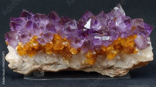 Fototapeta Cluster of amethyst and citrine crystals on a matrix.