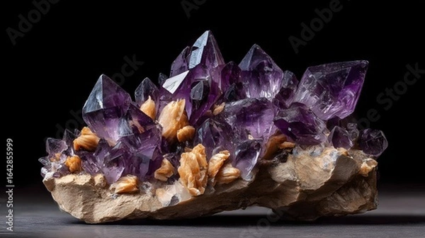 Fototapeta Cluster of amethyst and other minerals on a dark background.
