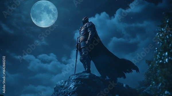 Fototapeta Mysterious knight stands guard under the moonlight with sword ready for battle in a fantasy world