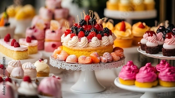Fototapeta Indulge in decadent delights with this charming dessert table featuring cakes, cupcakes, and frosted sweets