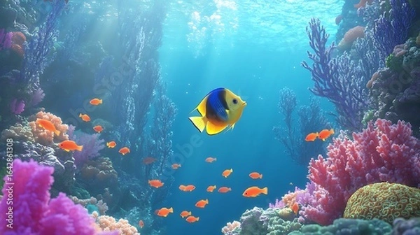 Fototapeta Dive into relaxation with vibrant coral reefs and schools of colorful fish swimming in clear blue ocean waters