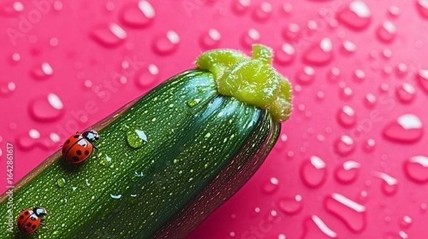 Fototapeta Freshly picked zucchini glistens with dew, ladybugs wander on vibrant pink surface creating a summer vibe