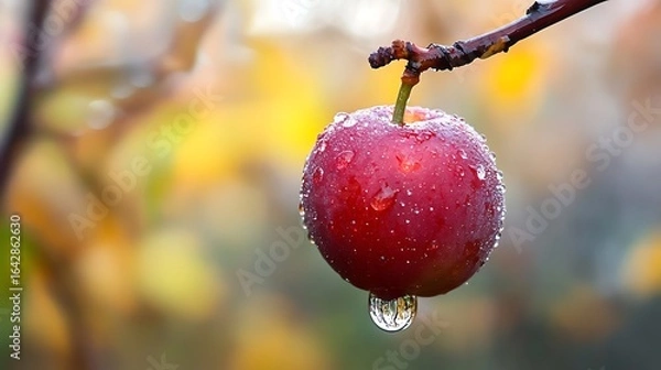 Fototapeta Fresh red apple glistens with raindrops hanging from a branch against a blurred autumn background